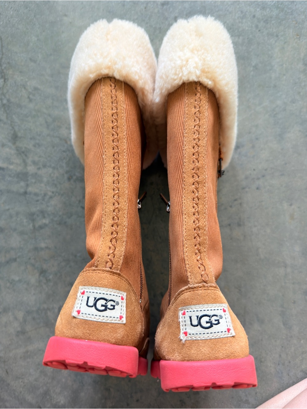 UGG Girls Tall Chestnut Shearling Boots Pink Sole Heart Charm Size 3